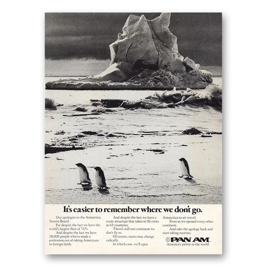 1974 Pan Am Easier To Remember Where We Don't Go Vintage Magazine Print Ad