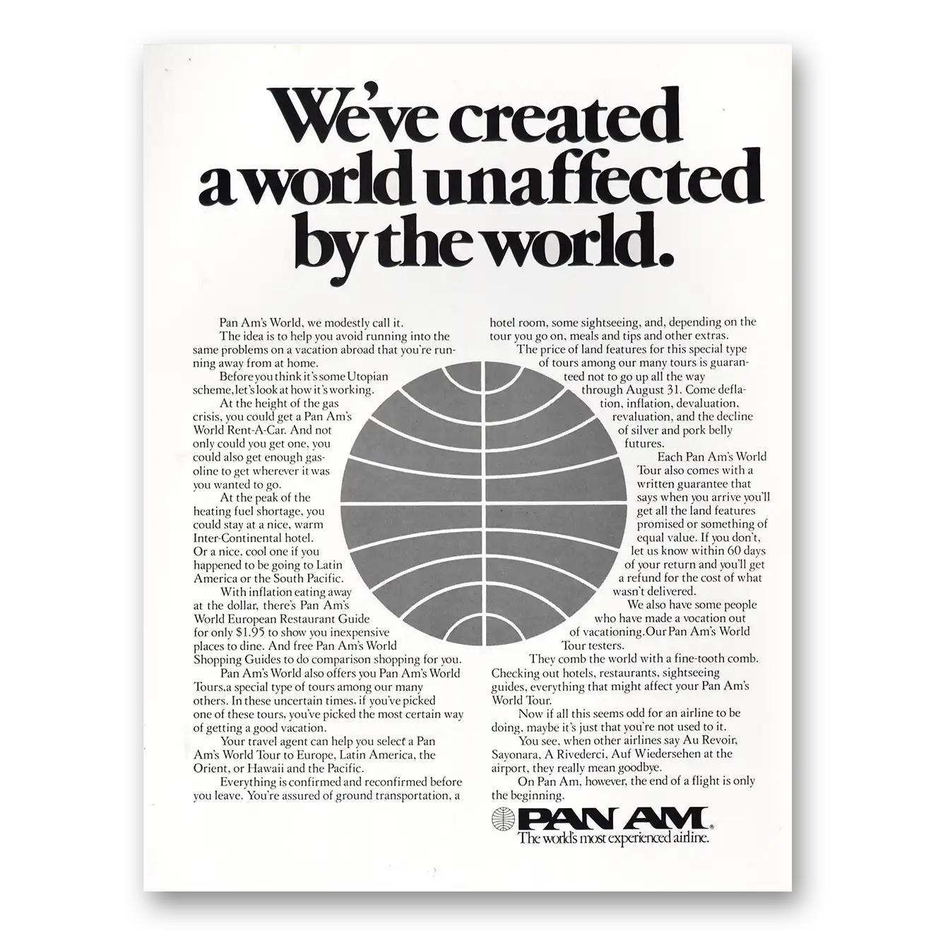 1974 Pan Am Created World Unaffected By the World Vintage Magazine Print Ad