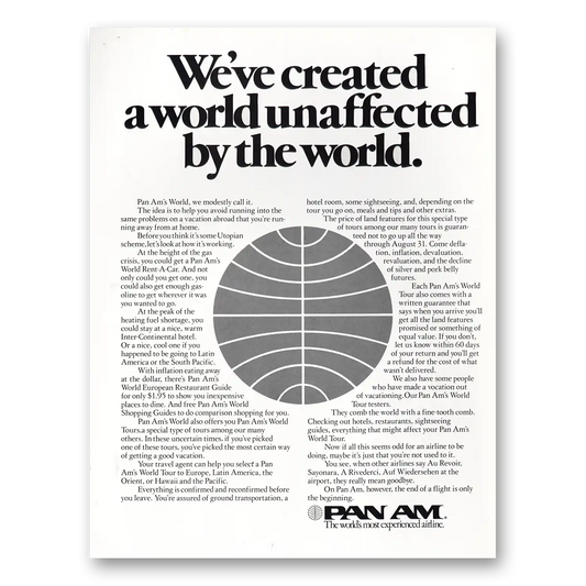 1974 Pan Am Created World Unaffected By the World Vintage Magazine Print Ad