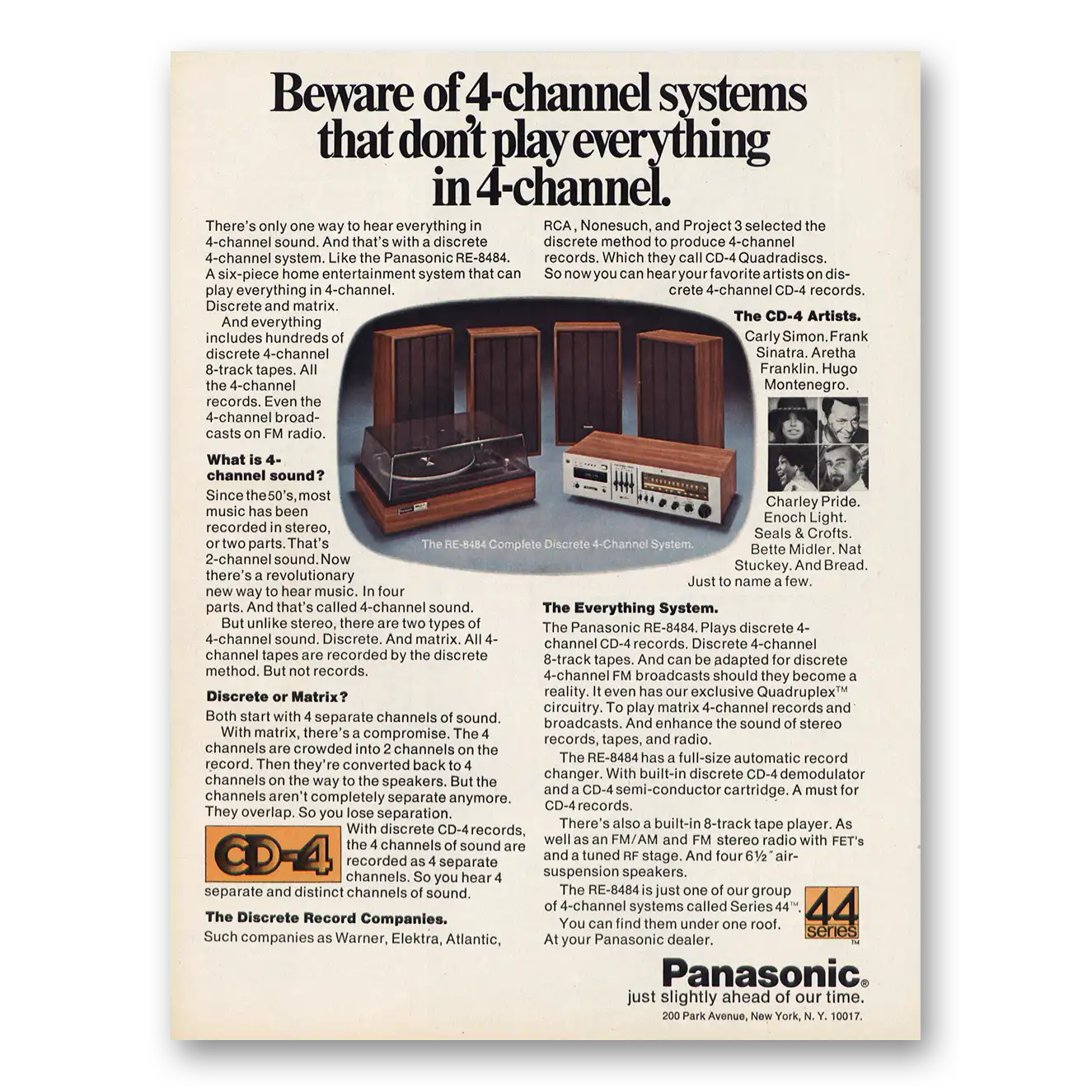 1974 Panasonic Stereo of 4 Channel Vintage Magazine Print Ad