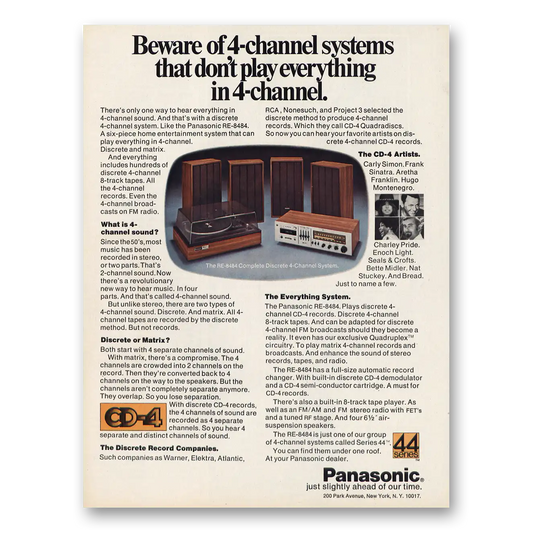 1974 Panasonic Stereo of 4 Channel Vintage Magazine Print Ad