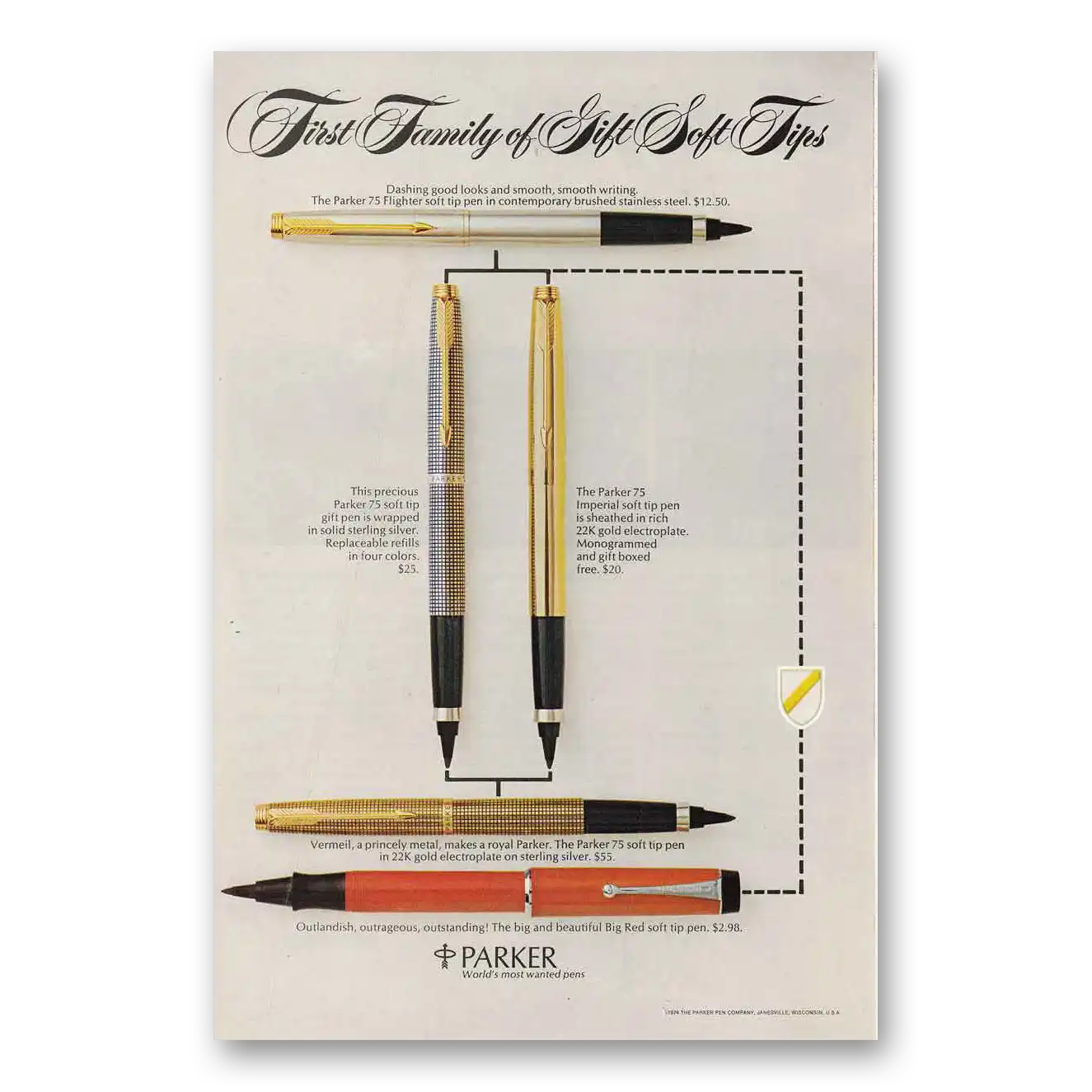 1974 Parker Pens Soft Tips Vintage Magazine Print Ad