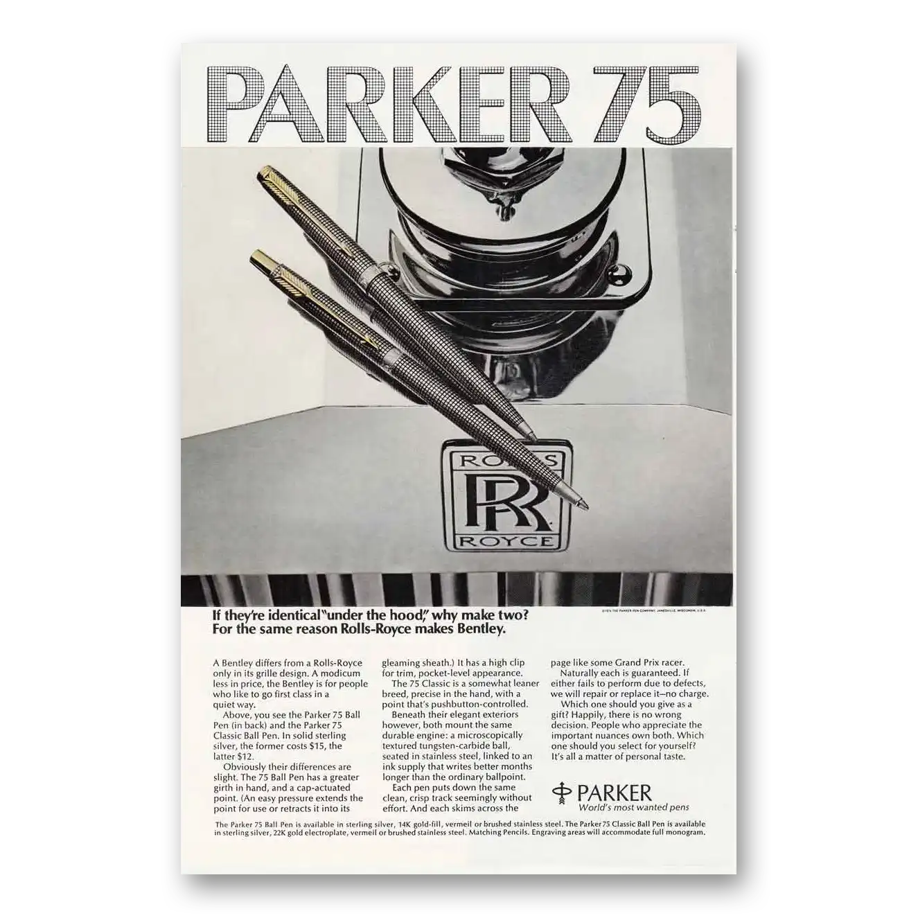 1974 Parker 75 Pen Rolls Royce Makes Bentley Vintage Magazine Print Ad