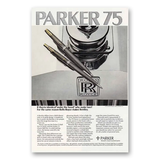 1974 Parker 75 Pen Rolls Royce Makes Bentley Vintage Magazine Print Ad