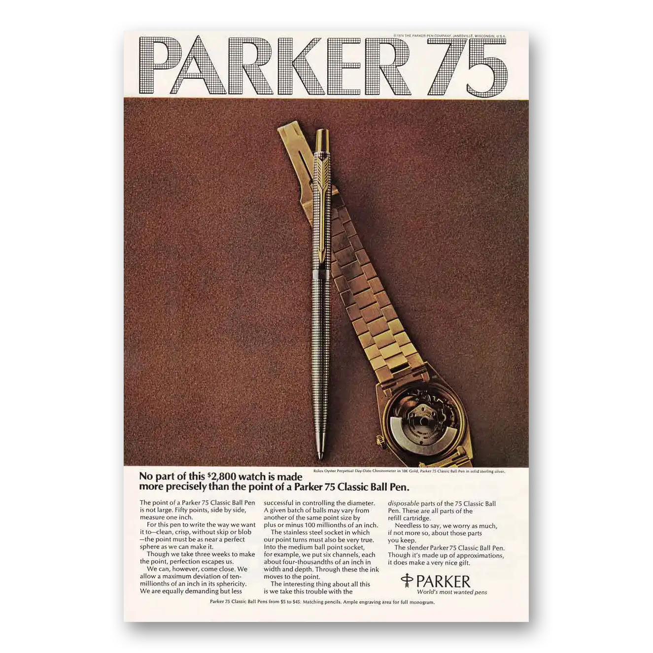 1974 Parker 75 Pen No Part of This 2800 Watch Is Made Vintage Magazine Print Ad