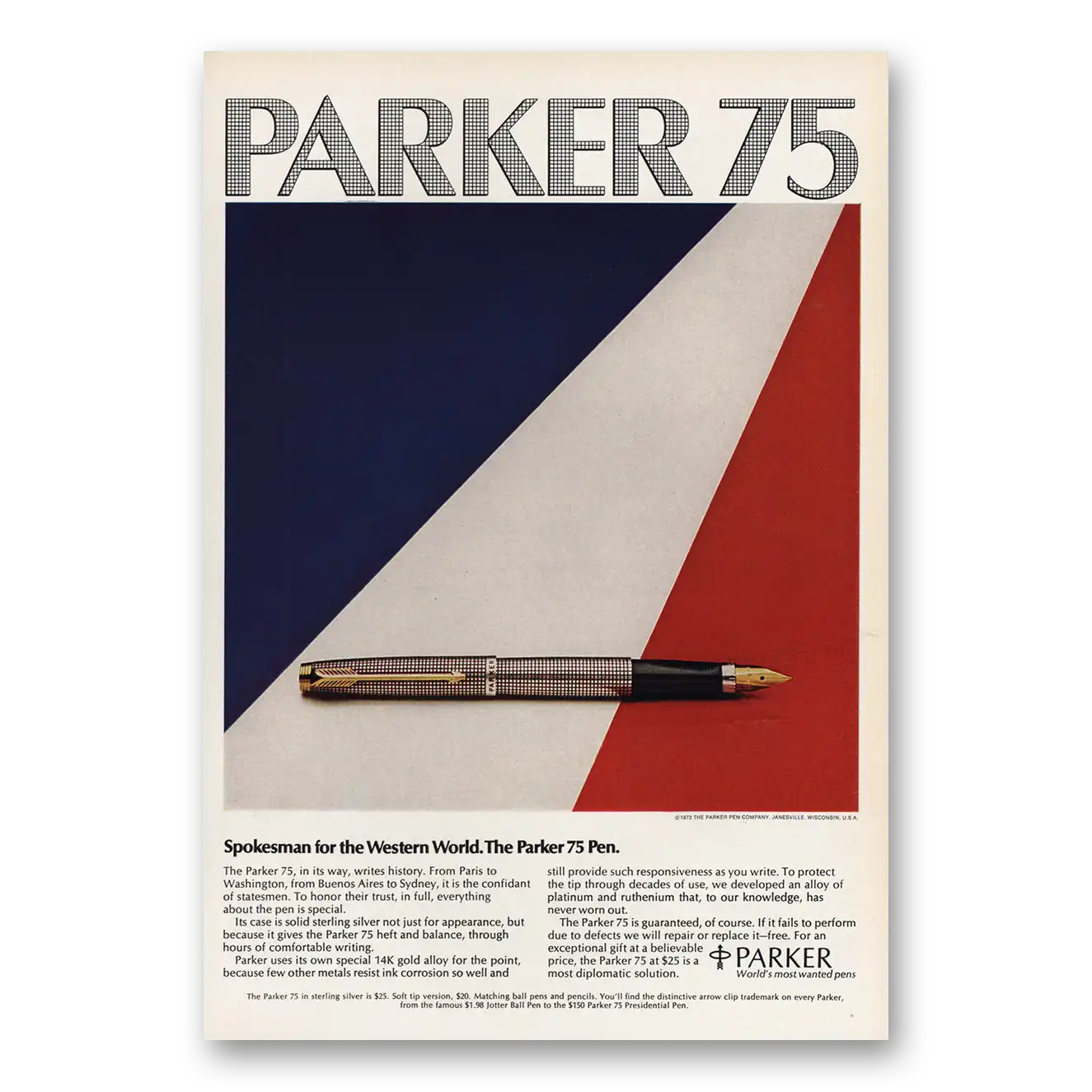 1973 Parker 75 Pen Spokesman for the Western World Vintage Magazine Print Ad