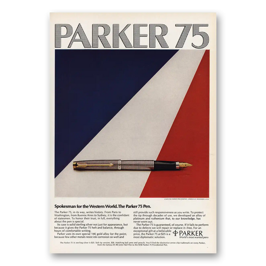 1973 Parker 75 Pen Spokesman for the Western World Vintage Magazine Print Ad