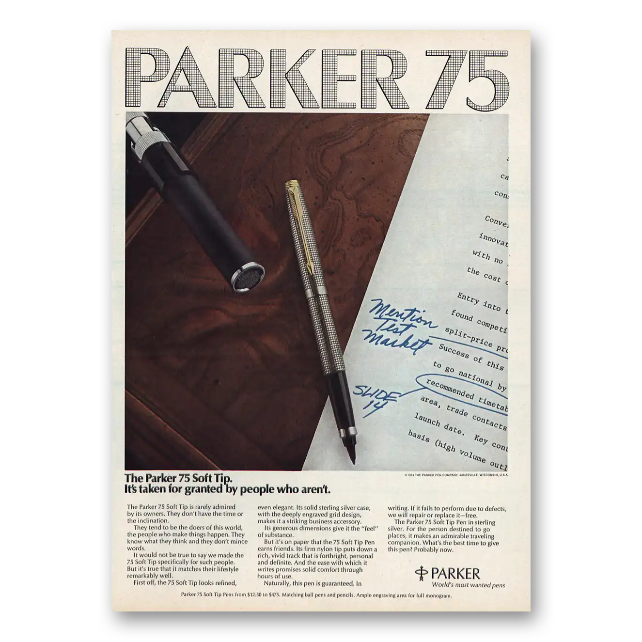 1974 Parker 75 Pen Taken for Granted By People Who Aren't Vintage Magazine Print Ad