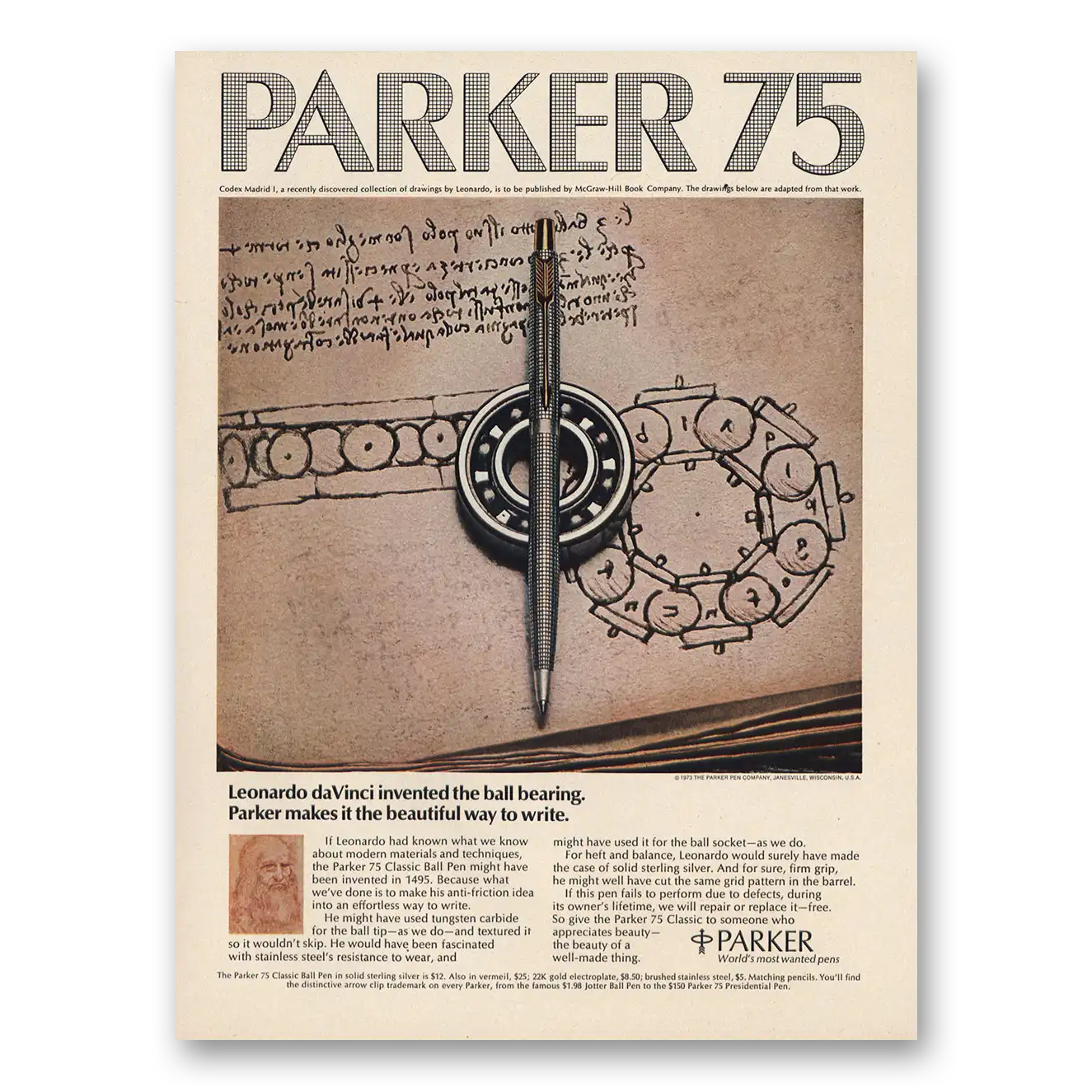 1974 Parker 75 Pen Leonardo daVinci Invented Ball Bearing Vintage Magazine Print Ad