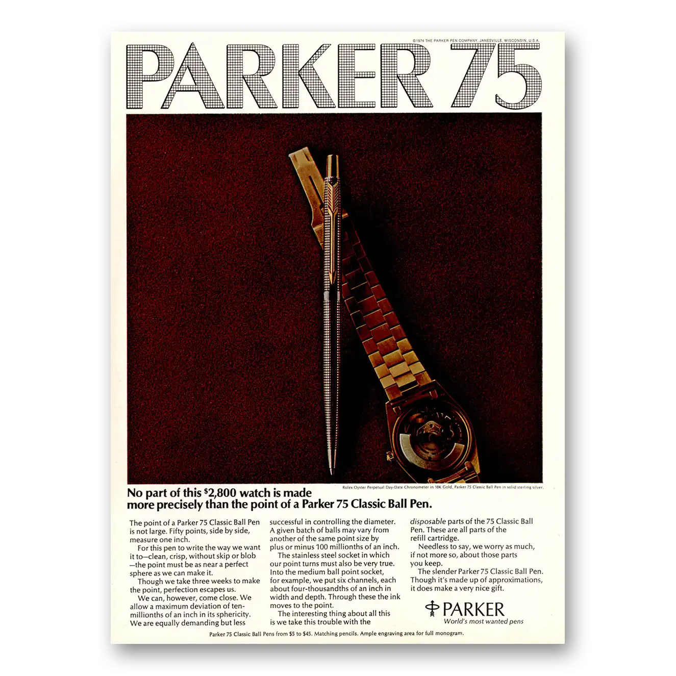 1974 Parker 75 Pen No Part of This 2800 Watch Is Made Vintage Magazine Print Ad