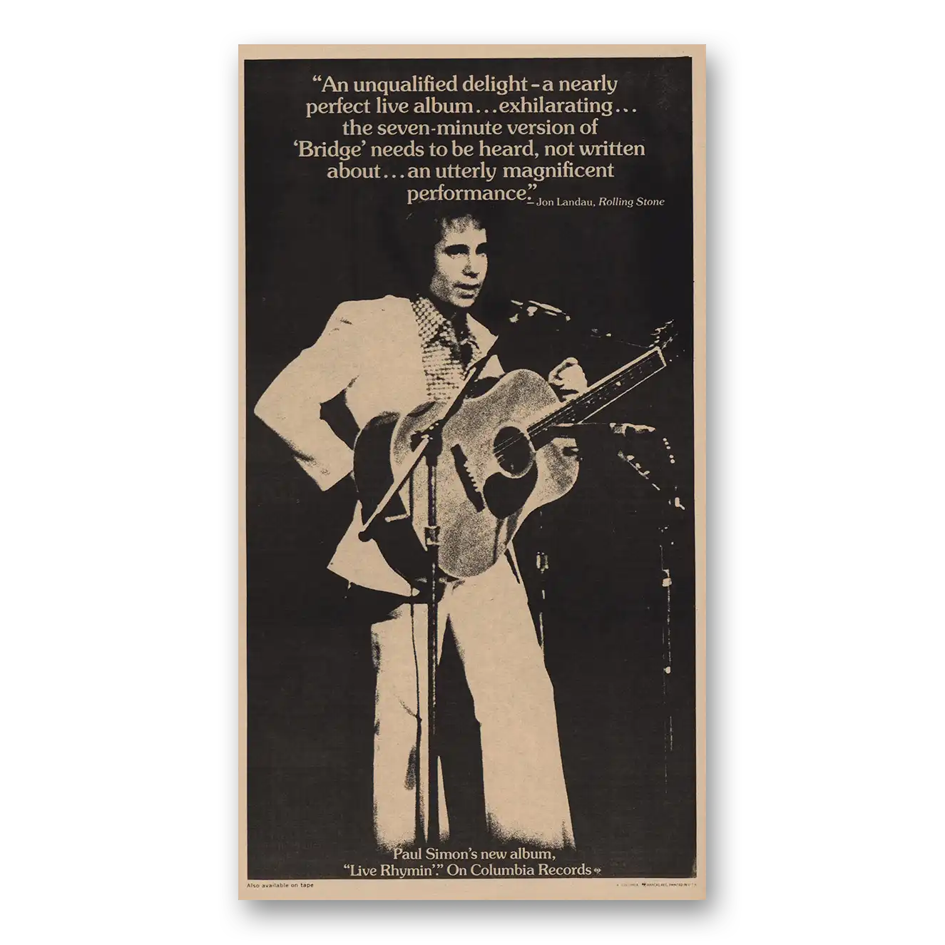 1974 Paul Simon Live Rhymin Vintage Magazine Print Ad