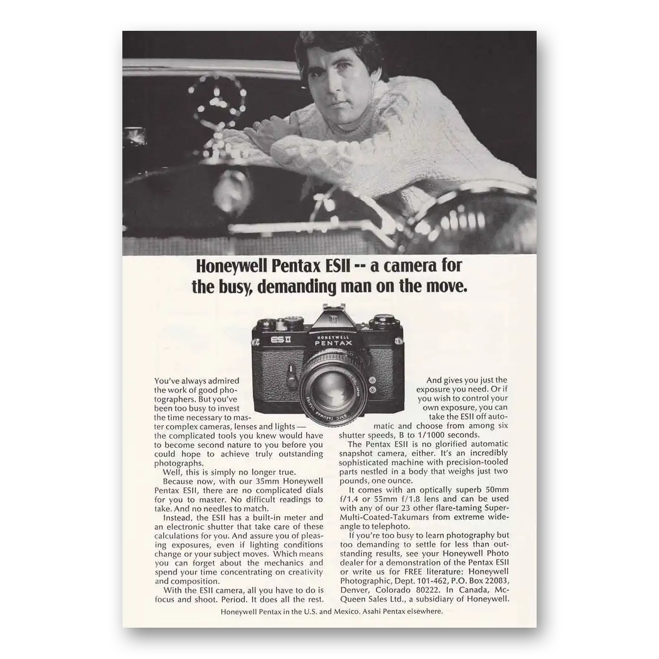 1974 Pentax Camera ESII Camera Demanding Man on the Move Vintage Magazine Print Ad