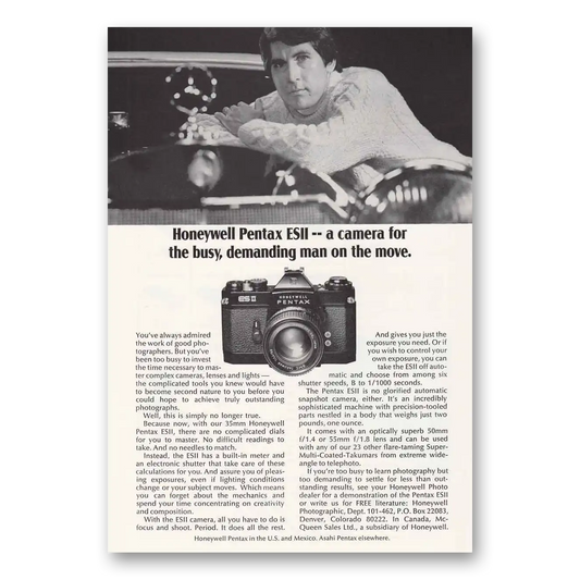 1974 Pentax Camera ESII Camera Demanding Man on the Move Vintage Magazine Print Ad