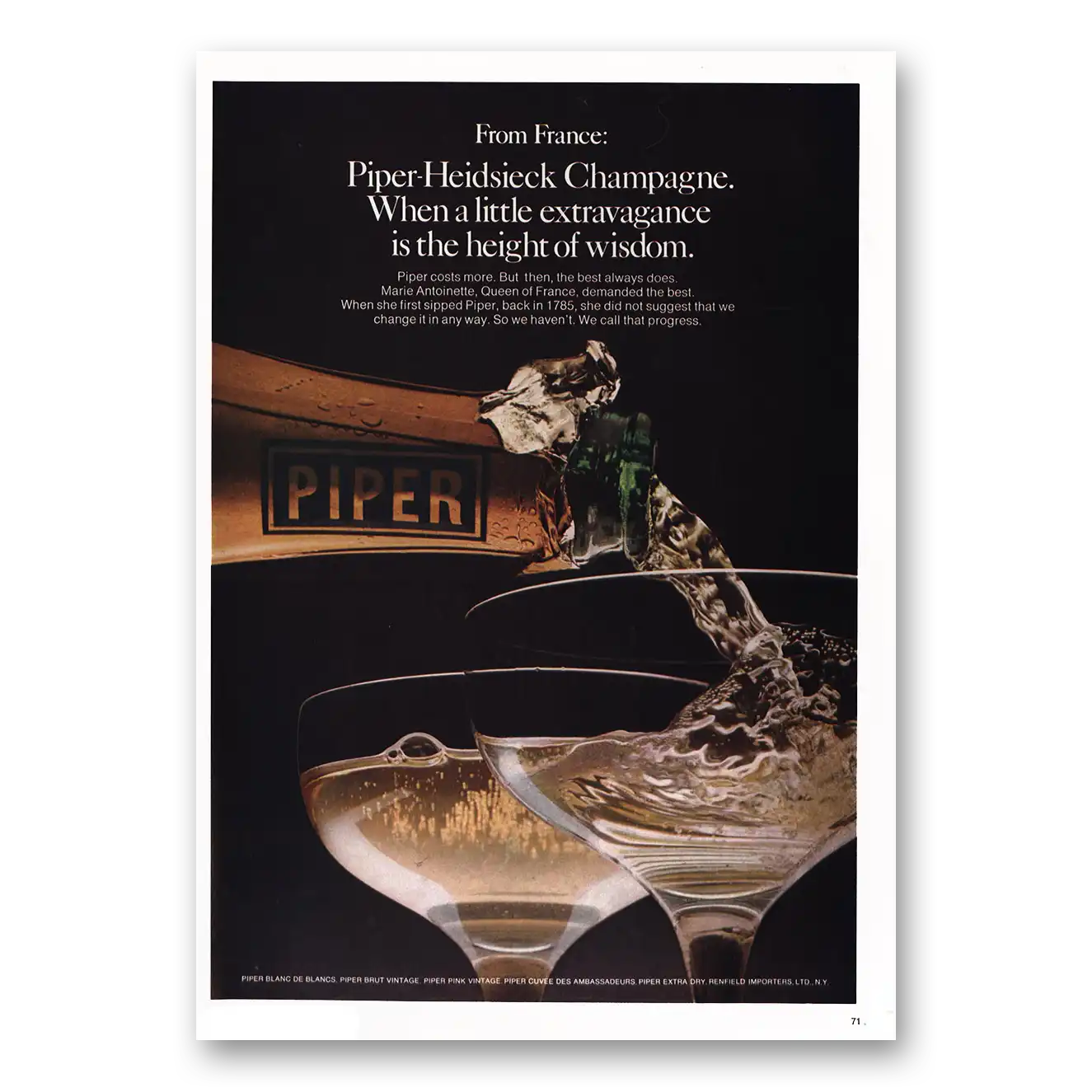 1974 Piper Heidsieck Champagne Little Extravagance Height of Wisdom Vintage Magazine Print Ad