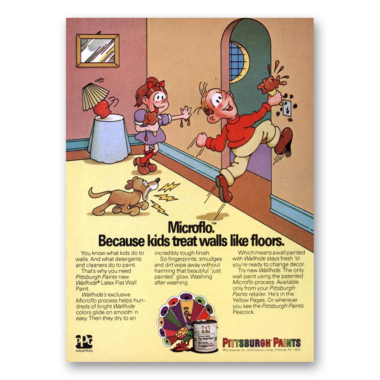 1974 Pittsburgh Paints Microflo Kids Treat Walls Like Floors Vintage Magazine Print Ad