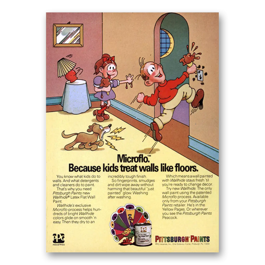 1974 Pittsburgh Paints Microflo Kids Treat Walls Like Floors Vintage Magazine Print Ad