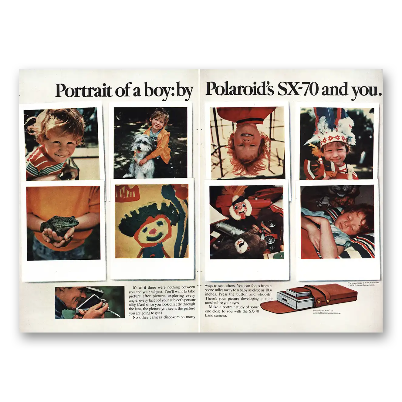 1974 Polaroid SX70 Camera Portrait of Boy Vintage Magazine Print Ad