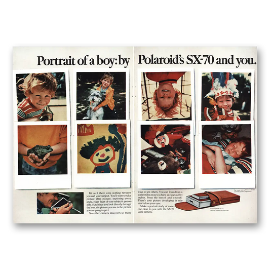 1974 Polaroid SX70 Camera Portrait of Boy Vintage Magazine Print Ad