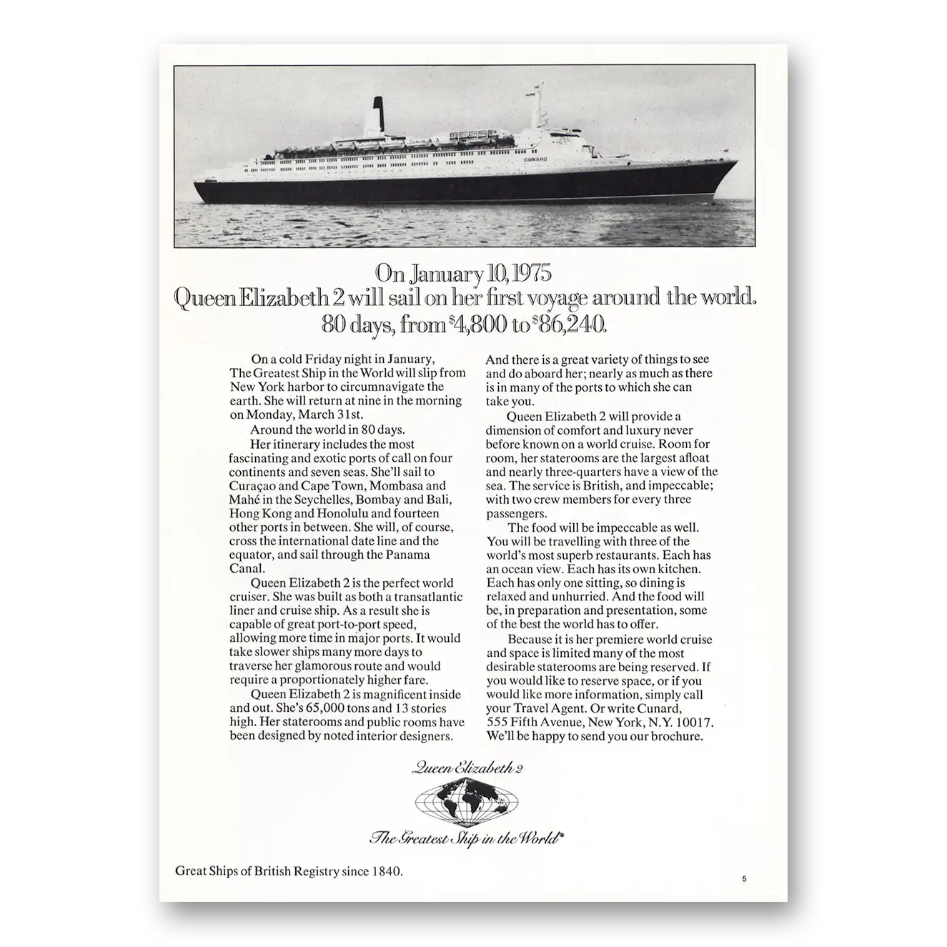 1974 Queen Elizabeth 2 First Voyage Vintage Magazine Print Ad