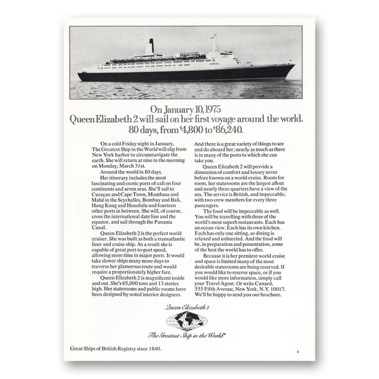 1974 Queen Elizabeth 2 First Voyage Vintage Magazine Print Ad