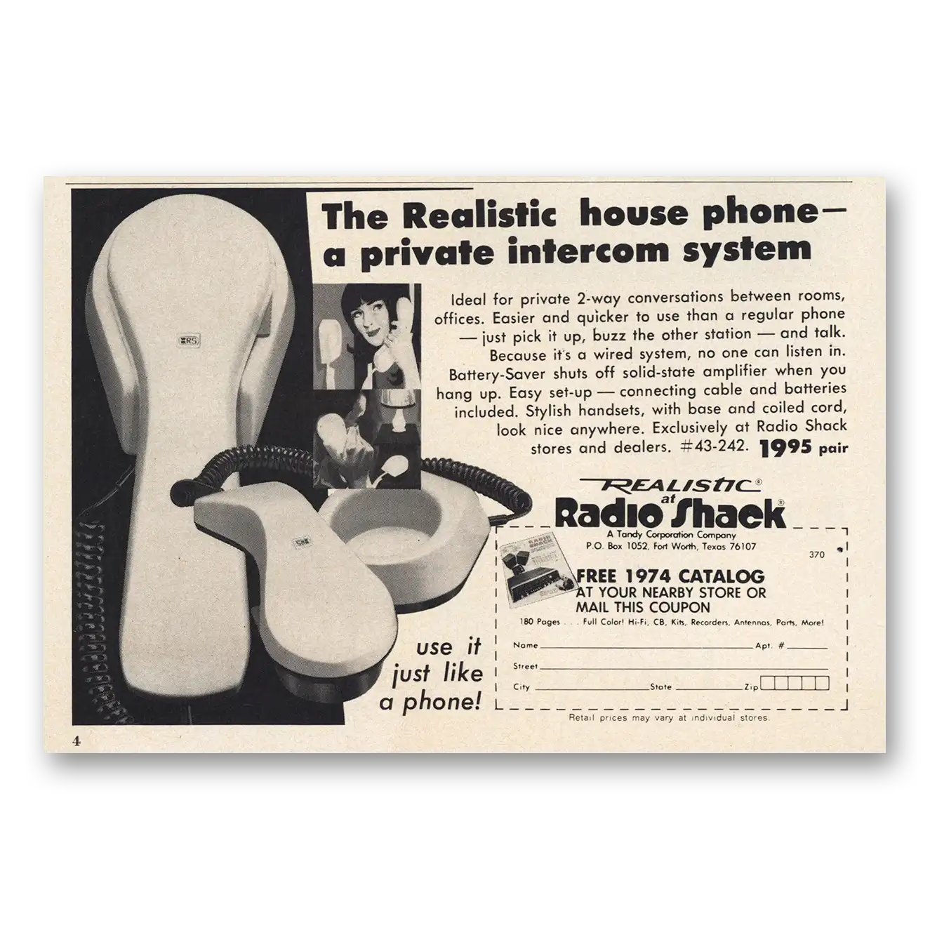 1974 Radio Shack Realistic House Phone Vintage Magazine Print Ad