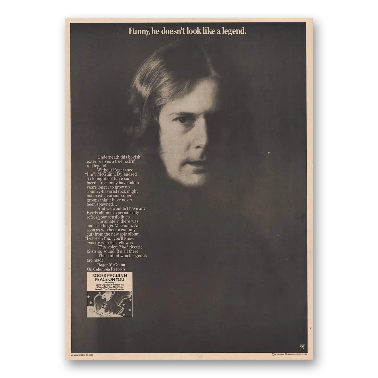 1974 Roger McGuinn Promo He Doesn't Look Like a Legend Vintage Magazine Print Ad