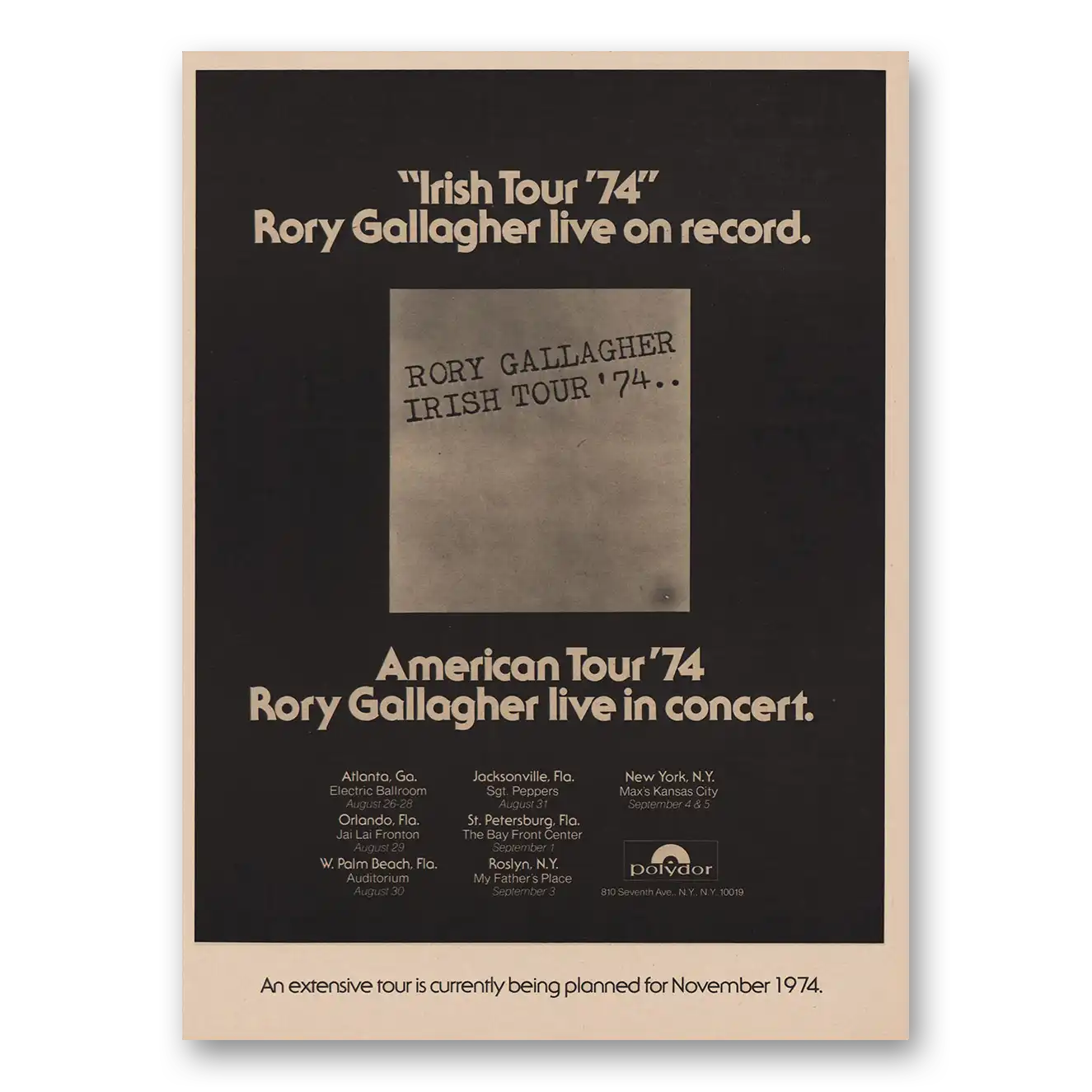 1974 Rory Gallagher Promo Irish Tour 74 Vintage Magazine Print Ad