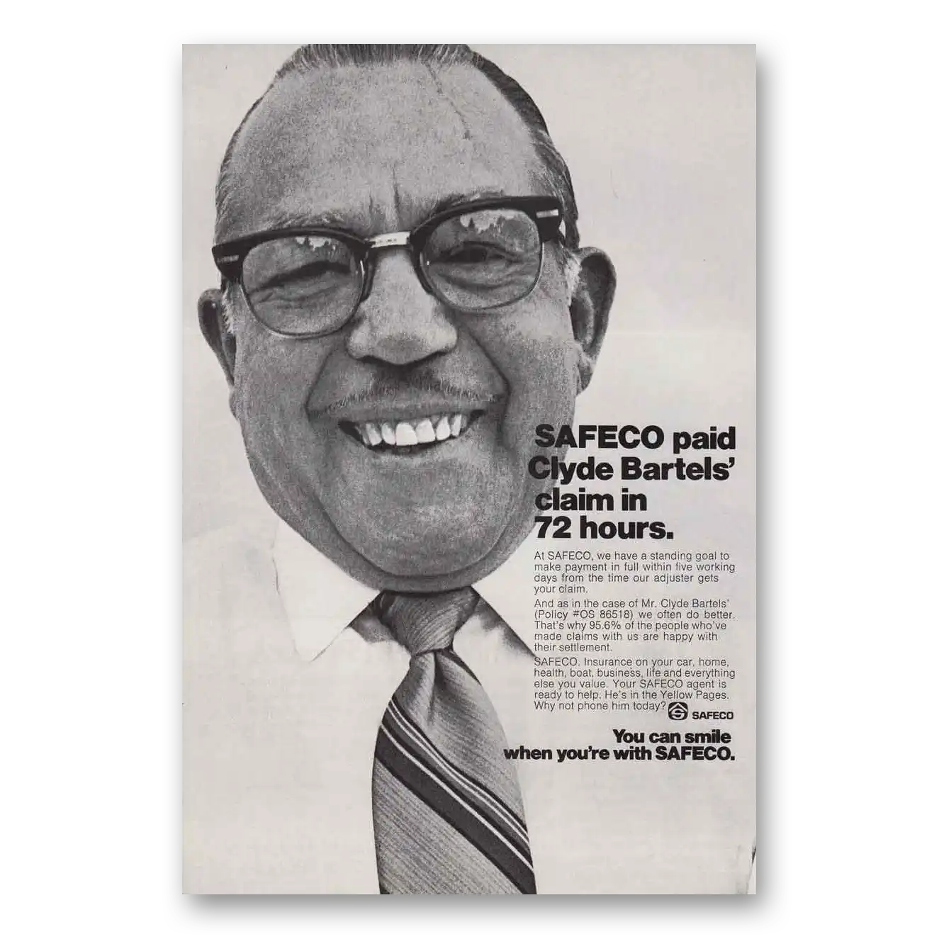 1974 Safeco Insurance Clyde Bartels Vintage Magazine Print Ad