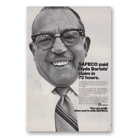 1974 Safeco Insurance Clyde Bartels Vintage Magazine Print Ad