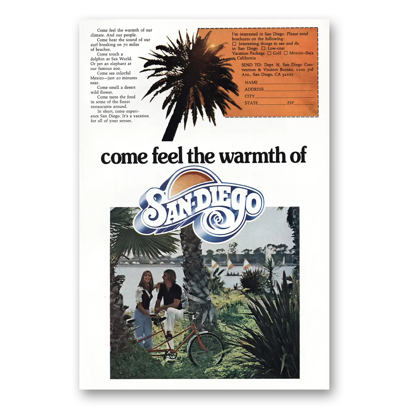 1974 San Diego California Come Feel the Warmth Vintage Magazine Print Ad