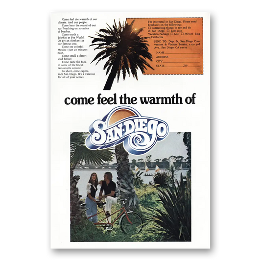 1974 San Diego California Come Feel the Warmth Vintage Magazine Print Ad