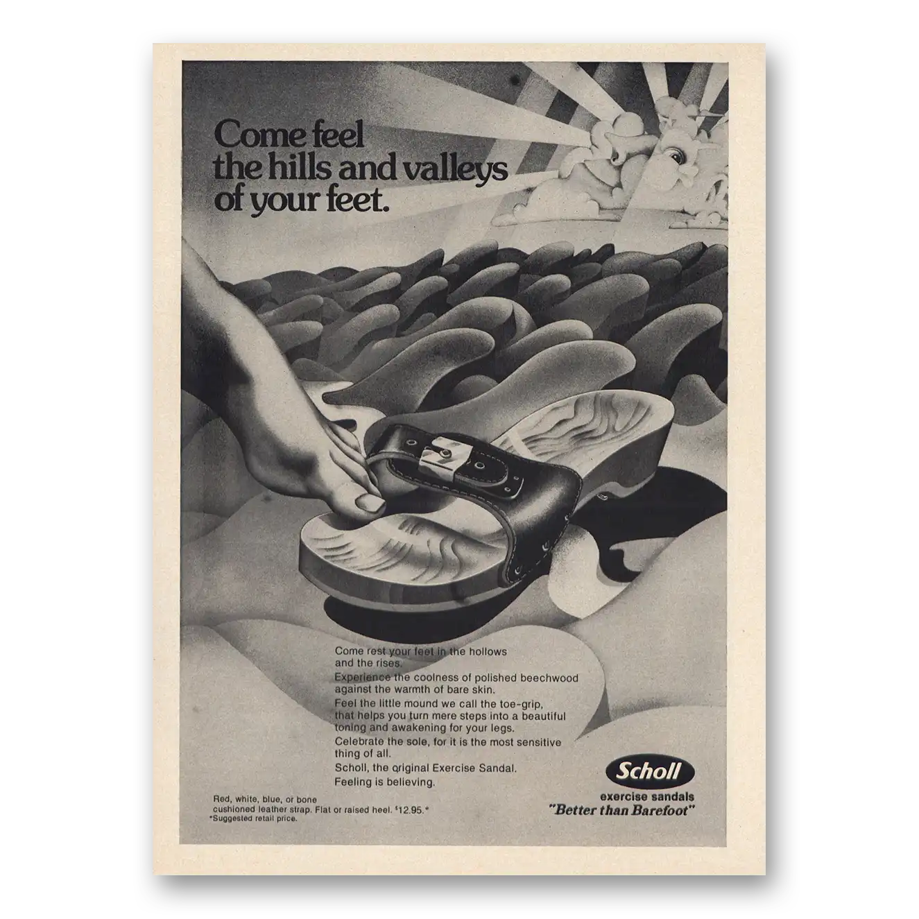 1974 Scholl Exercise Sandals Feel Hills and Valleys Vintage Magazine Print Ad