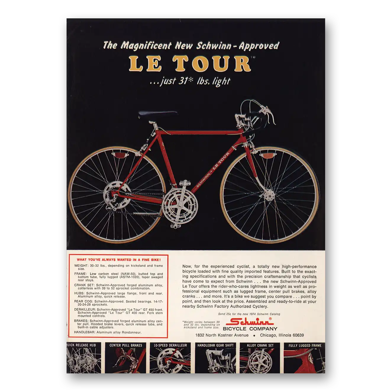 1974 Schwinn Bicycles Le Tour Bicycle Vintage Magazine Print Ad