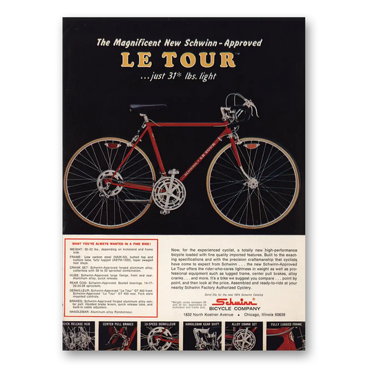 1974 Schwinn Bicycles Le Tour Bicycle Vintage Magazine Print Ad