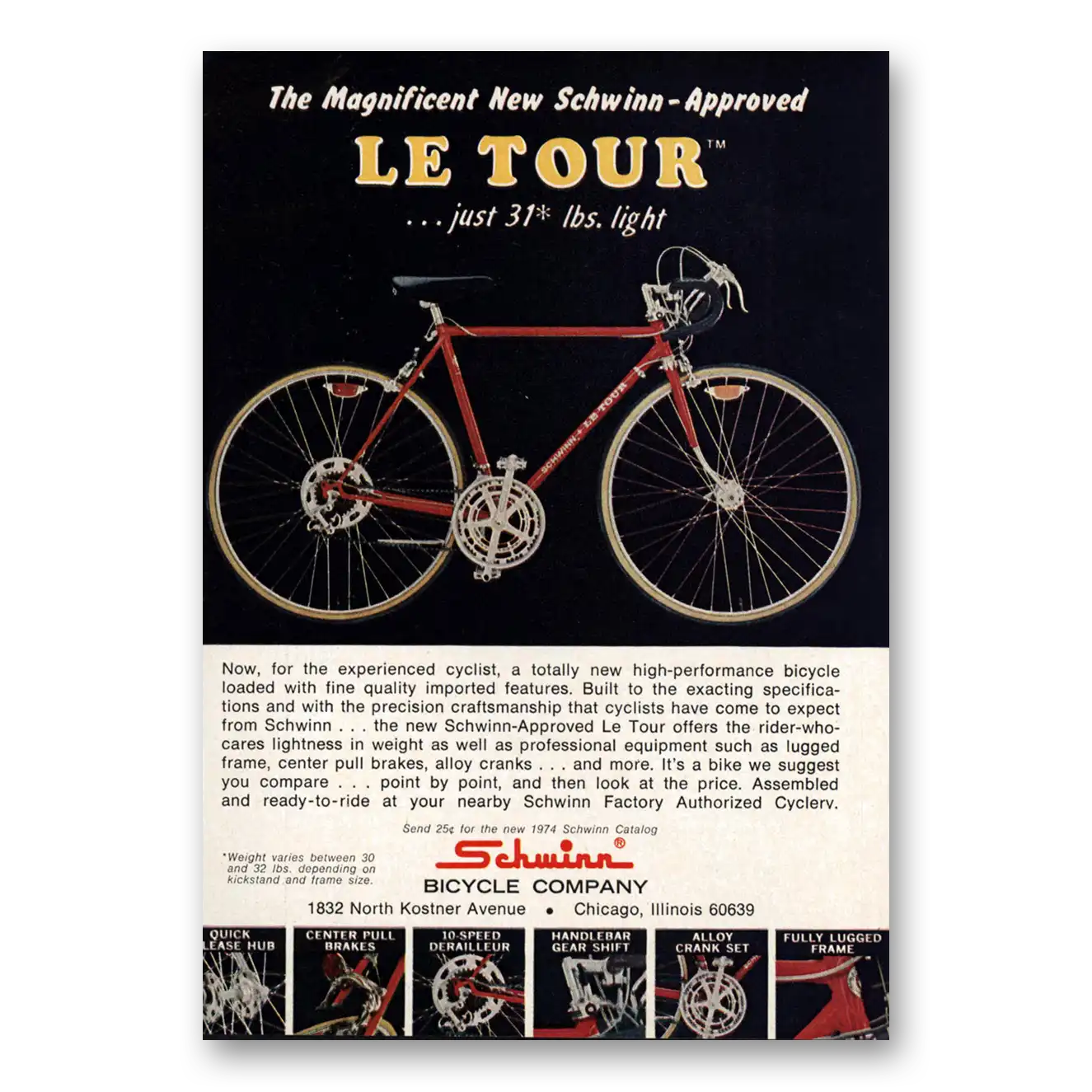 1974 Schwinn Bicycles Le Tour Bicycle Vintage Magazine Print Ad