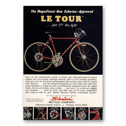 1974 Schwinn Bicycles Le Tour Bicycle Vintage Magazine Print Ad