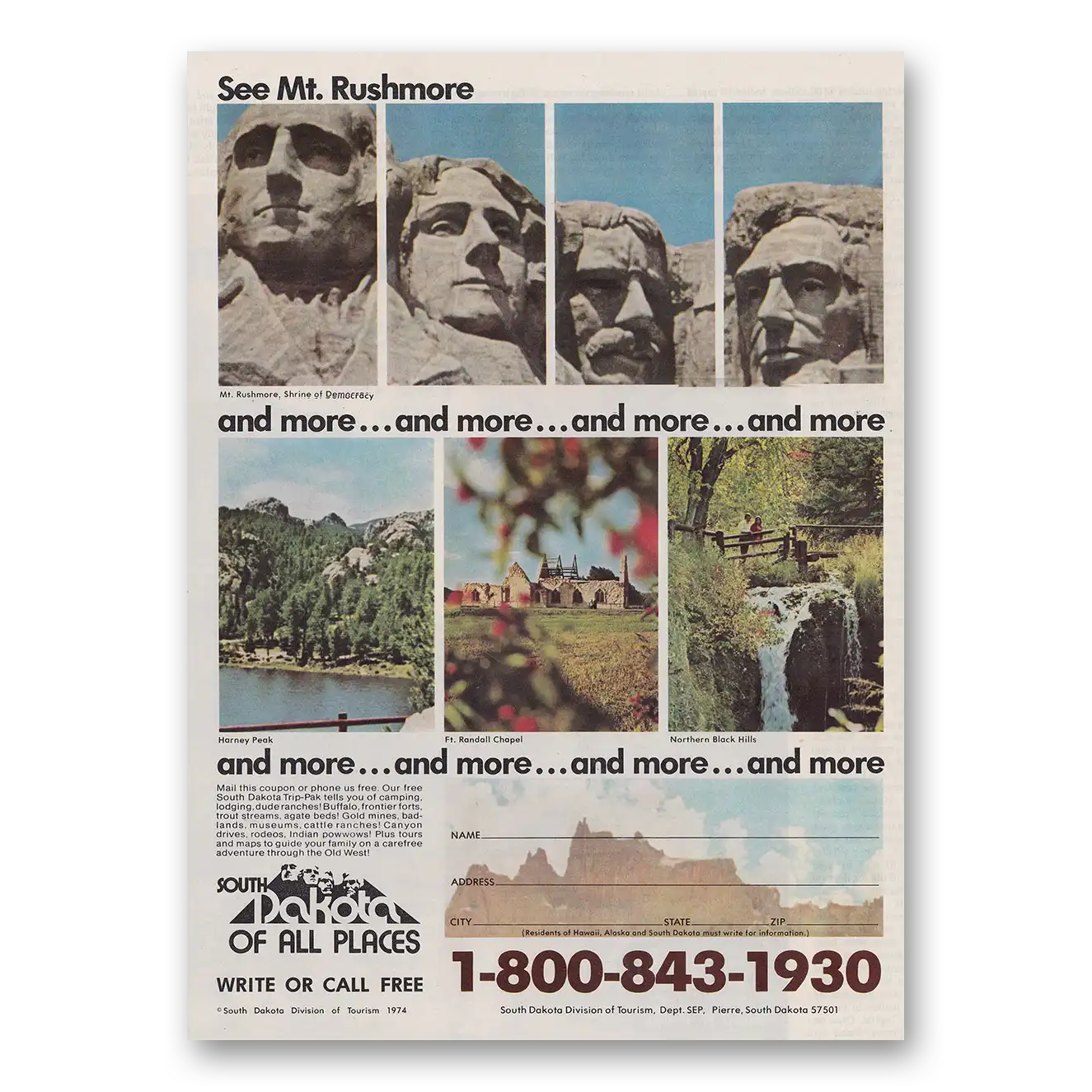 1974 South Dakota Mt Rushmore and More Vintage Magazine Print Ad