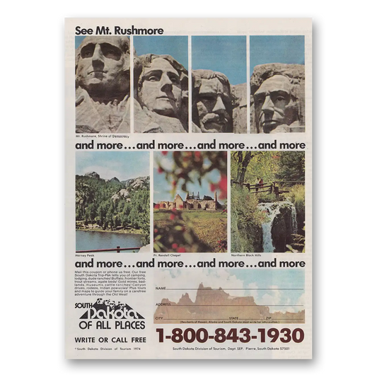 1974 South Dakota Mt Rushmore and More Vintage Magazine Print Ad