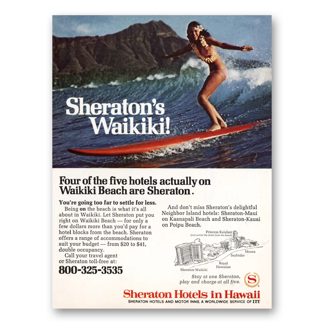 1974 Sheraton Hotels Hawaii Four of the Five Hotels Actually On Waikiki Vintage Magazine Print Ad