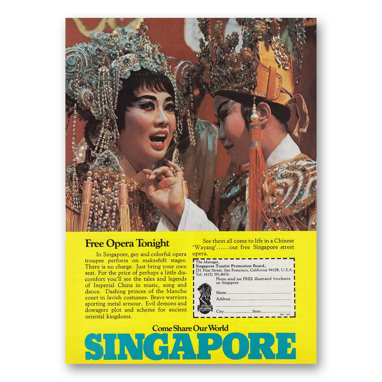 1974 Singapore Free Opera Tonight Vintage Magazine Print Ad