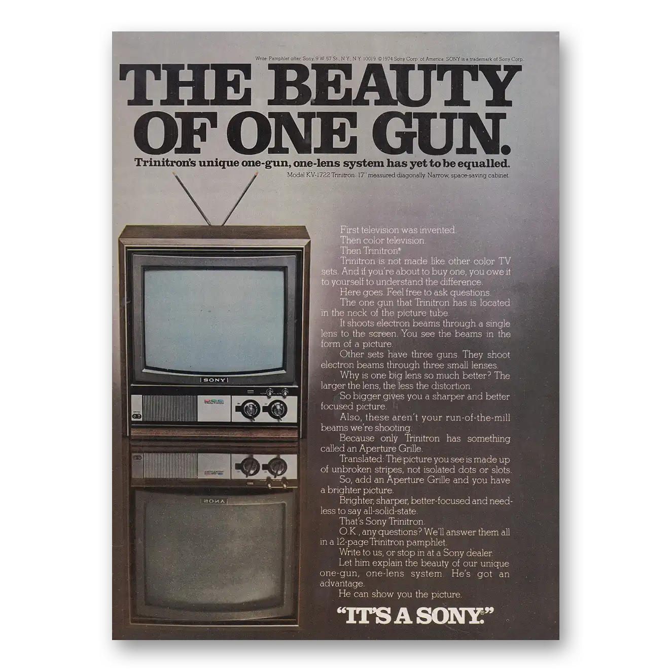 1974 Sony Trinitron Beauty of One Gun Vintage Magazine Print Ad