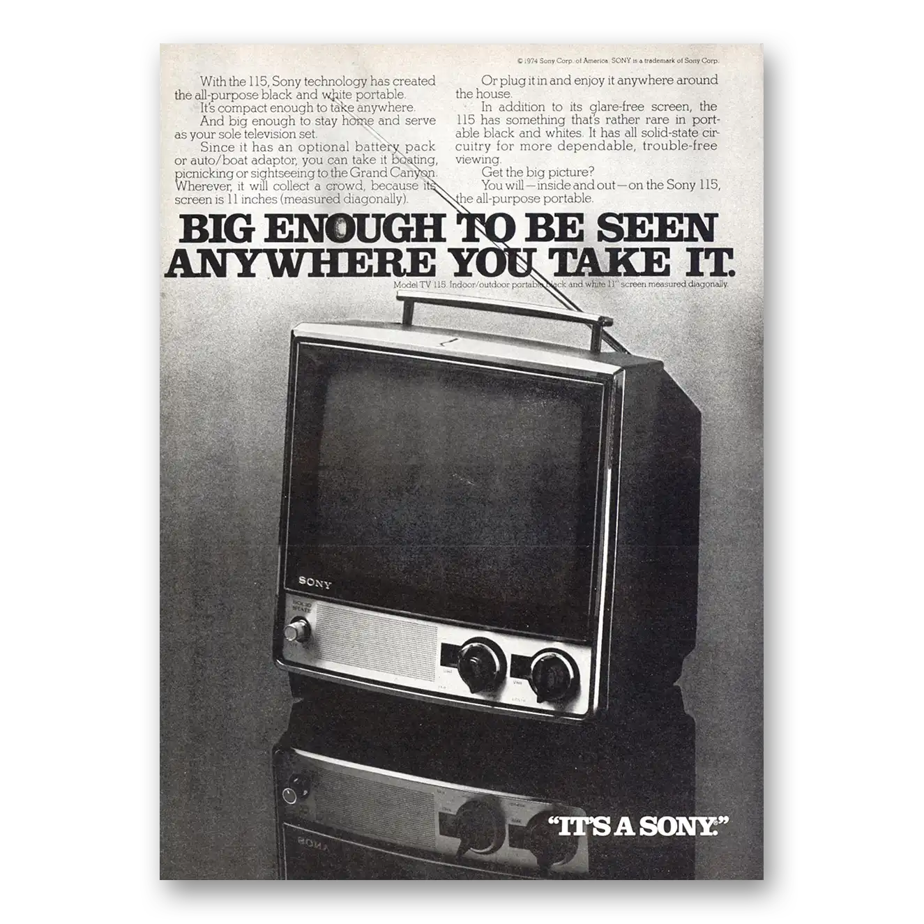 1974 Sony Portable TV Big Enough to Be Seen Anywhere You Take It Vintage Magazine Print Ad