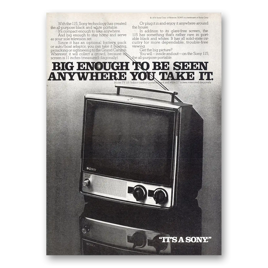 1974 Sony Portable TV Big Enough to Be Seen Anywhere You Take It Vintage Magazine Print Ad