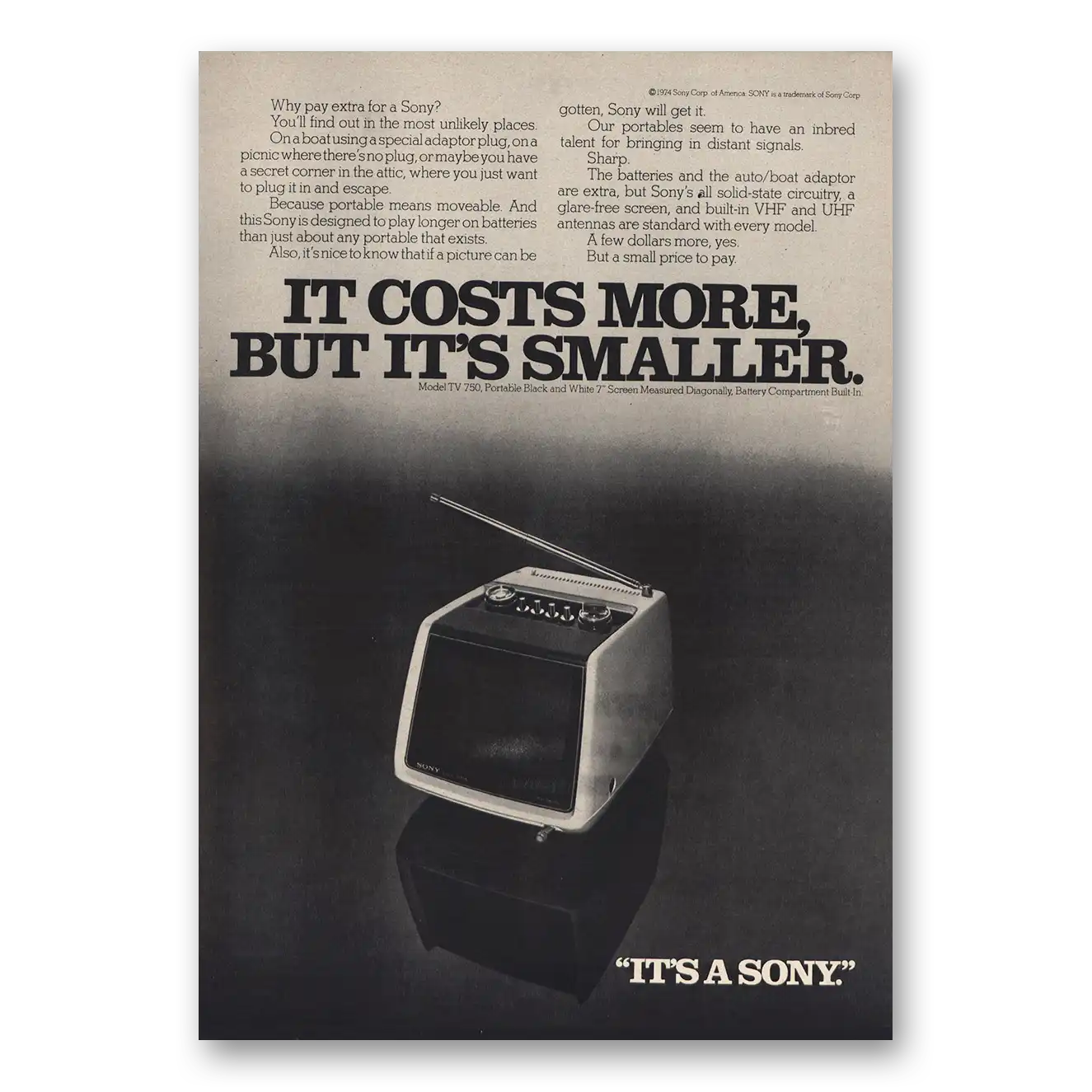 1974 Sony Portable TV Costs More Its Smaller Vintage Magazine Print Ad