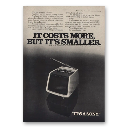 1974 Sony Portable TV Costs More Its Smaller Vintage Magazine Print Ad