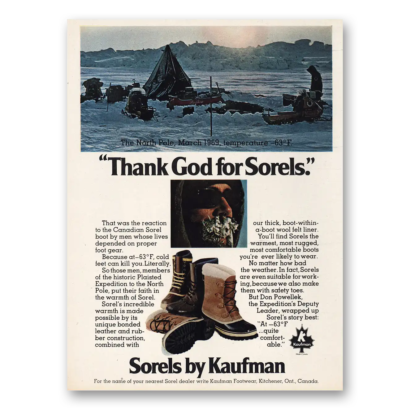 1974 Sorel Boots North Pole Thank God Vintage Magazine Print Ad