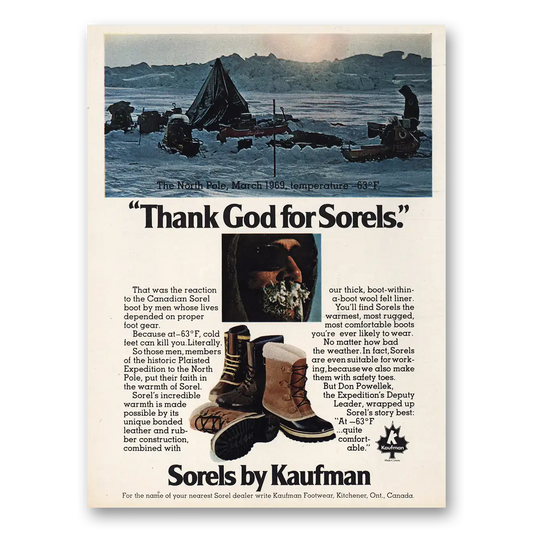 1974 Sorel Boots North Pole Thank God Vintage Magazine Print Ad