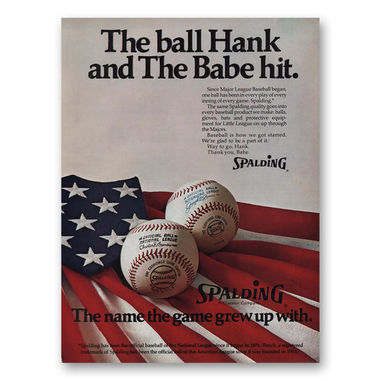 1974 Spalding Baseballs Ball Hank and The Babe Hit Vintage Magazine Print Ad