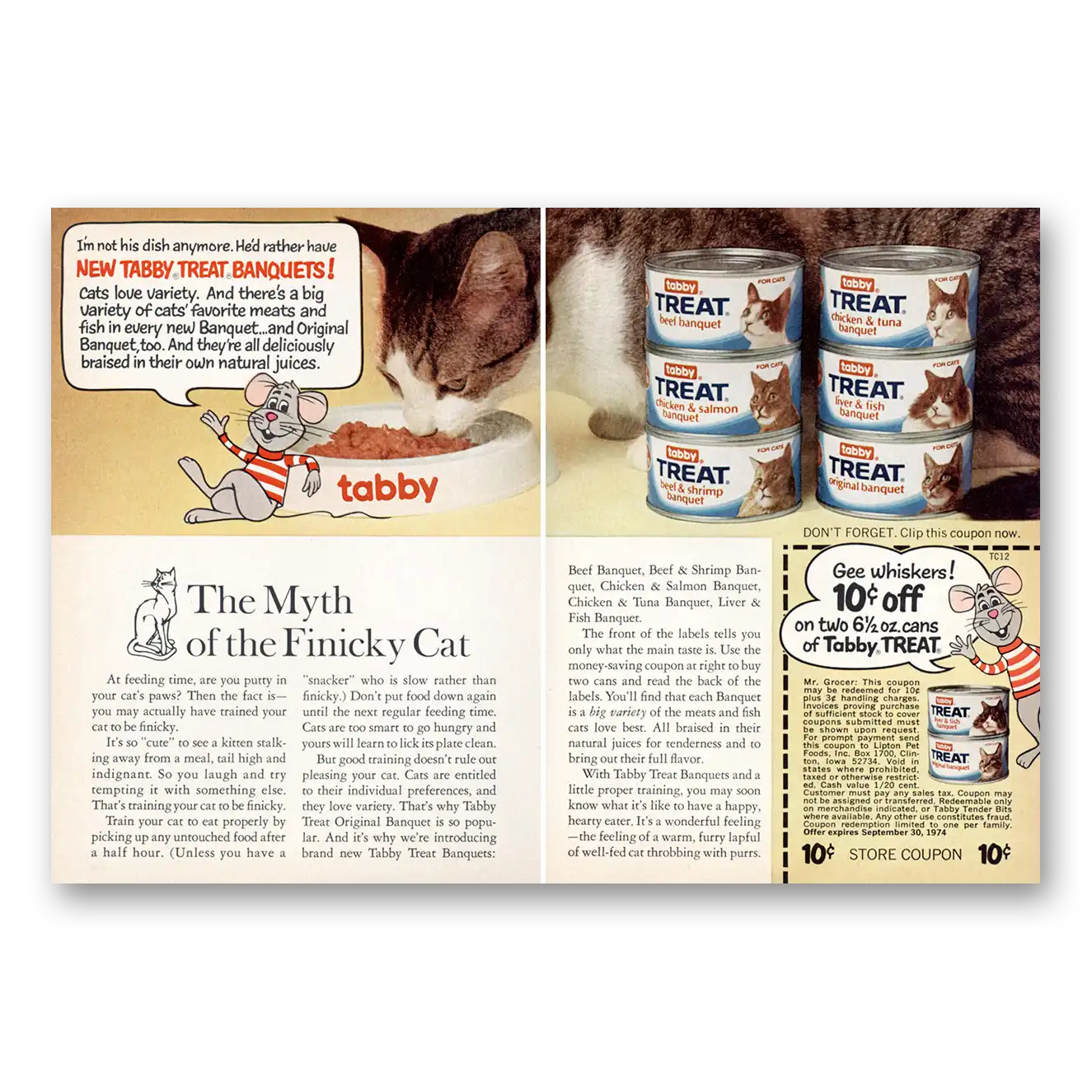 1974 Tabby Cat Food Myth of the Finicky Cat Vintage Magazine Print Ad