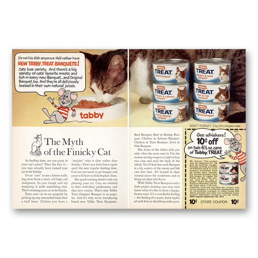 1974 Tabby Cat Food Myth of the Finicky Cat Vintage Magazine Print Ad